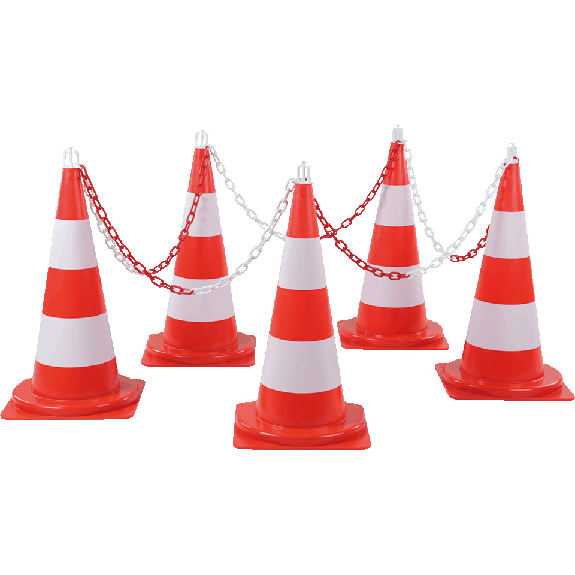 Leitkegel-Absperrset Maxi, 5 Kegel, 5 Haken, 10m Kunststoffkette, rot/weiß Leitkegel-Absperrset Maxi, 5 Kegel, 5 Haken, 10m Kunststoffkette, rot/weiß-Beschreibung lesen