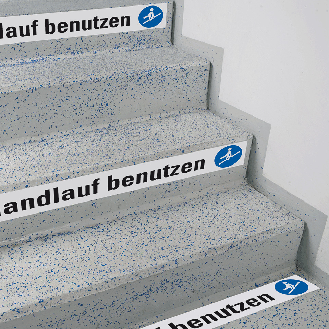 Treppenmarkierung Handlauf benutzen, mit 2 Piktogrammen,, Bodenmarkierungsfolie, 120x1000mm/M012-Beschreibung lesen