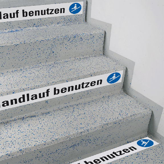 Treppenmarkierung Handlauf benutzen, mit 2 Piktogrammen,, Bodenmarkierungsfolie, 120x1000mm/M012-Beschreibung lesen