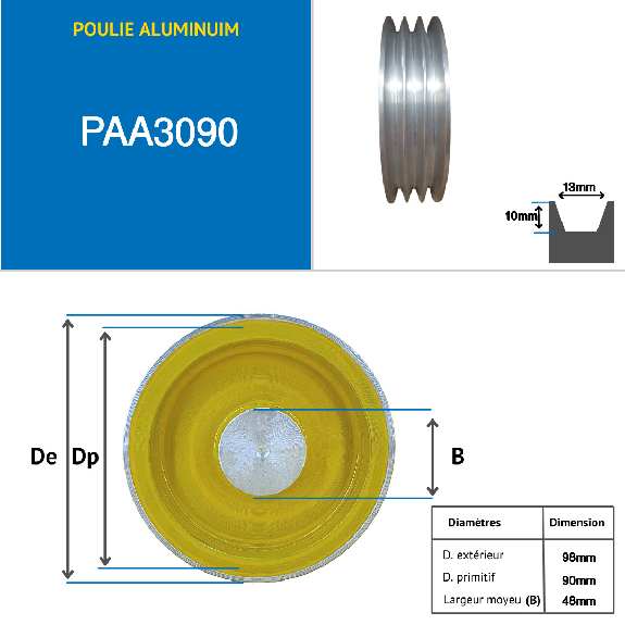 poulie aluminium trapézoïdale 3 gorges type A diamètre 090 mm poulie aluminium trapézoïdale 3 gorges type A diamètre 090 mm-Lire la description