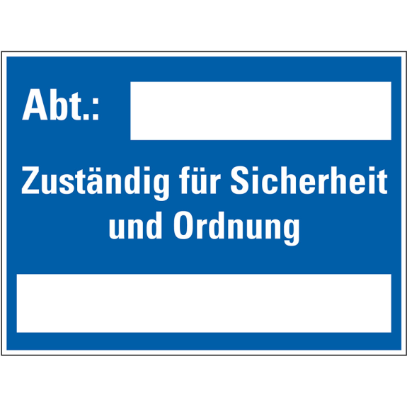 Hinweisschild Abt.: Zuständig für..., zum Selbstbeschriften, Kunststoff, 400x300mm Hinweisschild Abt.: Zuständig für..., zum Selbstbeschriften, Kunststoff, 400x300mm-Beschreibung lesen