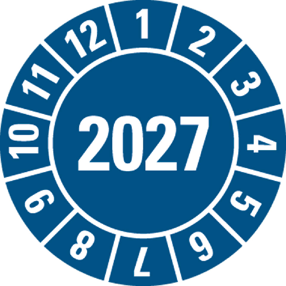 Prüfplakette 2027, blau, Dokumentenfolie, fälschungssicher, Ø 20mm, 10/Bogen-Beschreibung lesen