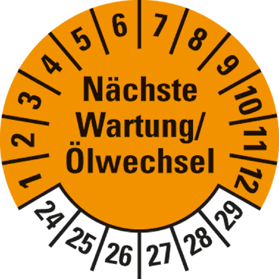 Prüfplakette Nächste Wartung/Ölwechsel, 24-29,orange,Folie,Ø 30mm,10/Bogen-Beschreibung lesen