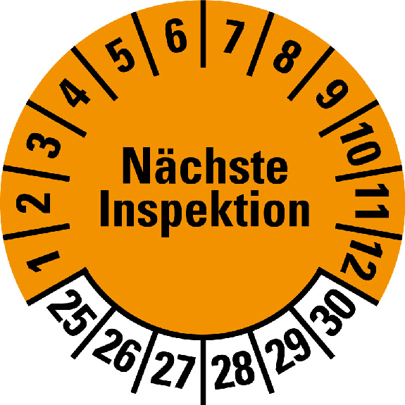 Prüfplakette Nächste Inspektion,25-30,orange,Folie,selbstklebend,Ø 30mm,10/Bogen Prüfplakette Nächste Inspektion,25-30,orange,Folie,selbstklebend,Ø 30mm,10/Bogen-Beschreibung lesen