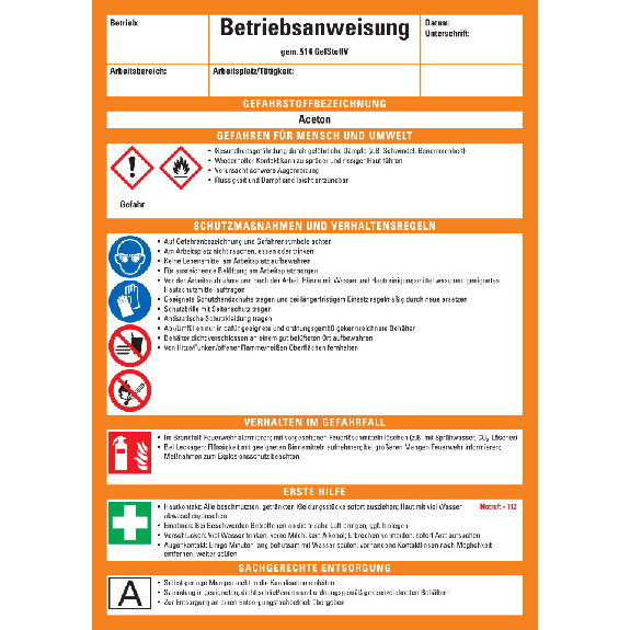 Betriebsanweisung Aceton, CLP/GHS, Kunststoff, 210x297mm, ASR A1.3, DIN EN ISO 7010-Beschreibung lesen