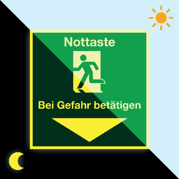 PERMALIGHT power langnachleuchtend Rettungszeichen Nottaste bei Gefahr betätigen, DGUV, Folie, 70x70mm-Beschreibung lesen
