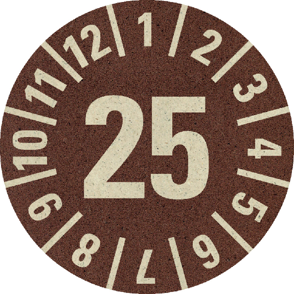 Prüfplakette 25, braun, Primärfaser-Graspapier, Ø 30mm, 18/Bogen Prüfplakette 25, braun, Primärfaser-Graspapier, Ø 30mm, 18/Bogen-Beschreibung lesen