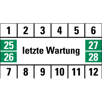 Prüfplakette letzte Wartung, 25-28, weiß/grün/schwarz, Folie, 18x33mm, 16/Bogen-Beschreibung lesen