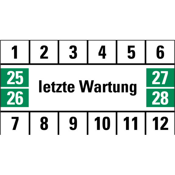 Prüfplakette letzte Wartung, 25-28, weiß/grün/schwarz, Folie, 18x33mm, 16/Bogen Prüfplakette letzte Wartung, 25-28, weiß/grün/schwarz, Folie, 18x33mm, 16/Bogen-Beschreibung lesen