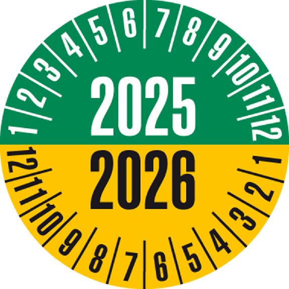 Prüfplakette 2025/2026, grün/gelb, Folie, selbstklebend, Ø 30mm, 10/Bogen-Lire la description