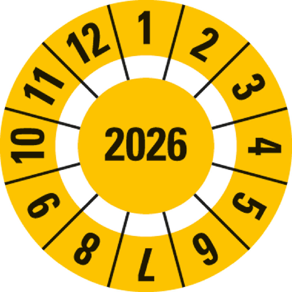 Prüfplakette 2026 mit Freifeldern,gelb,Folie,selbstklebend,Ø 30mm,10/Bogen Prüfplakette 2026 mit Freifeldern,gelb,Folie,selbstklebend,Ø 30mm,10/Bogen-Beschreibung lesen