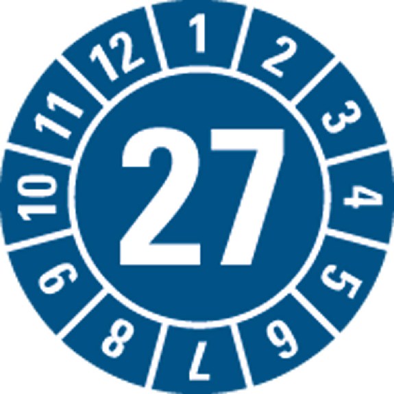 Prüfplakette 27, blau, Folie, selbstklebend, Ø 30mm, 500/Rolle Prüfplakette 27, blau, Folie, selbstklebend, Ø 30mm, 500/Rolle-Beschreibung lesen