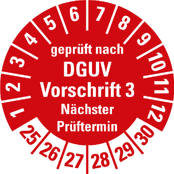 Prüfplakette DGUV Vorschrift 3 NP 25-30,rot/weiß,Folie,selbstkl.,Ø 30mm,10/Bogen-Beschreibung lesen