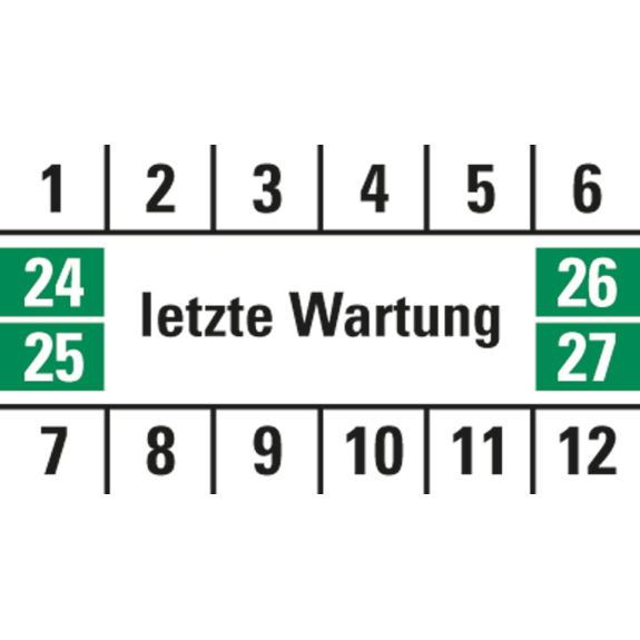 Prüfplakette letzte Wartung, 24-27, weiß/grün/schwarz, Folie, 18x33mm, 16/Bogen-Beschreibung lesen