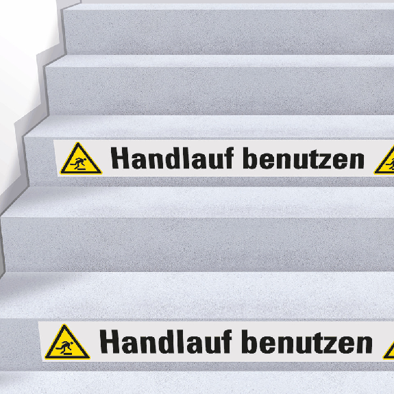 Treppenmarkierung Handlauf benutzen, mit 2 Piktogrammen,, Bodenmarkierungsfolie, 120x1000mm/W007-Beschreibung lesen