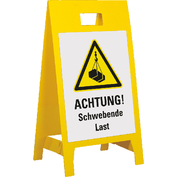 Warnaufsteller Leicht, ACHT.Schwebende Last, gelb, Polypropylen, 350x650mm, 300g, ASR A1.3 Warnaufsteller Leicht, ACHT.Schwebende Last, gelb, Polypropylen, 350x650mm, 300g, ASR A1.3-Beschreibung lesen