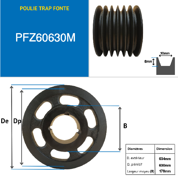 Pulegge Pulegge trapezoidali con mozzo smontabile PFZ60630M Puleggia trapezoidale in ghisa tipo SPZ / Z con mozzo smontabile serie 3535 con 6 gole, passo diametro 630 mm-Leggi tutto