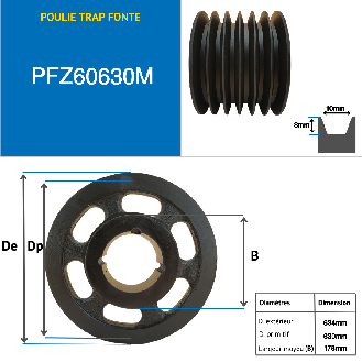 Poleas Poleas trapezoidales con cubo desmontable PFZ60630M Polea trapezoidal de hierro fundido tipo SPZ / Z con cubo desmontable serie 3535 con 6 ranuras, diámetro de paso 630 mm-Leer más