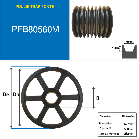 Pulegge Pulegge trapezoidali con mozzo smontabile PFB80560M Puleggia trapezoidale in ghisa tipo SPB / B con mozzo smontabile serie 4545 con 8 gole, passo diametro 560 mm-Leggi tutto