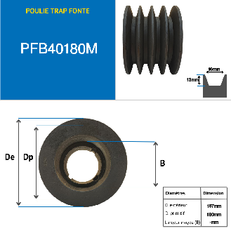Poleas Poleas trapezoidales con cubo desmontable PFB40180M Polea trapezoidal de hierro fundido tipo SPB / B con cubo desmontable serie 2517 con 4 ranuras, diámetro de paso 180 mm-Leer más
