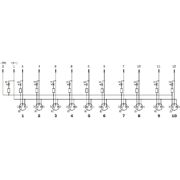 Répartiteur 10x M08A Fem 3p PNP; M12A Mâle 12p - Y8A3AA2-C2AB000XXX Répartiteur 10x M08A Fem 3p PNP; M12A Mâle 12p - Y8A3AA2-C2AB000XXX-Lire la description