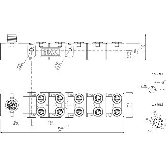 Répartiteur 10x M08A Fem 3p PNP; M12A Mâle 12p - Y8A3AA2-C2AB000XXX-Lire la description