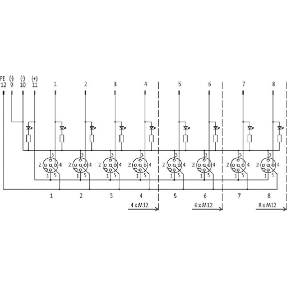 Répartiteur 6xM12 4p LED PNP; M23 12p - 27764 | MVB6-V-Lire la description