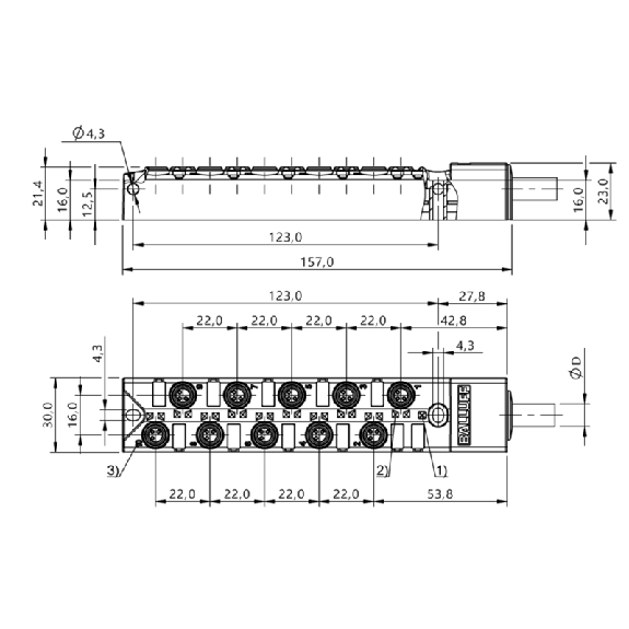 Répartiteur 10xM8 3p PNP LED; Câble PUR Noir Cpc 3m - BPI AM303P-5K-B0-KPXC0-030 (BPI00E2)-Lire la description
