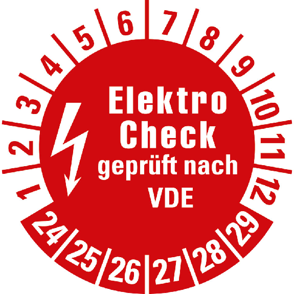 Prüfplakette Elektro-Check nach VDE,24-29,rot,Folie,selbstkl.,Ø 30mm,10/Bogen-Beschreibung lesen