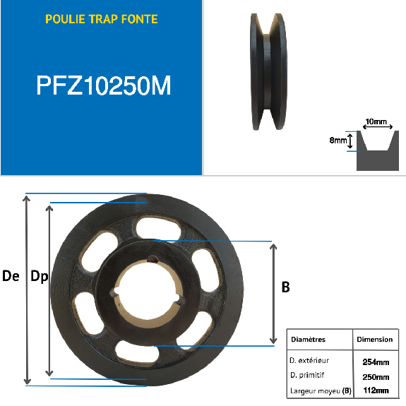 Pulegge Pulegge trapezoidali con mozzo smontabile PFZ10250M Puleggia trapezoidale in ghisa tipo SPZ / Z con mozzo smontabile serie 2012 con 1 scanalatura, passo diametro 250 mm-Leggi tutto