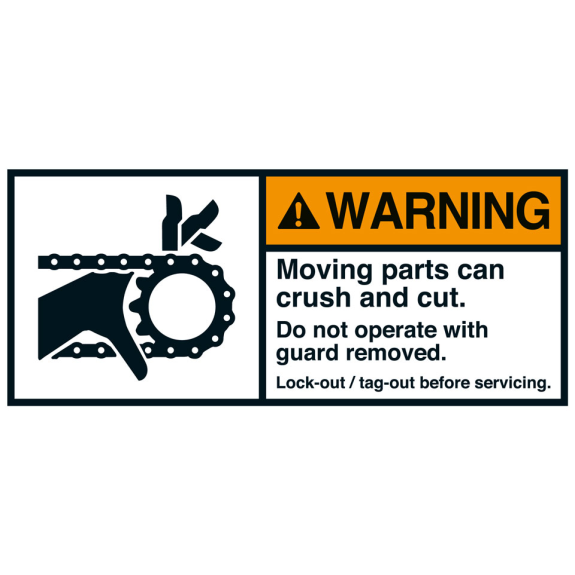 ANSI-Aufkleber WARNING Moving parts,Kettenantr.,UL anerk.,Folie,35x80mm,2/Bogen-Lire la description