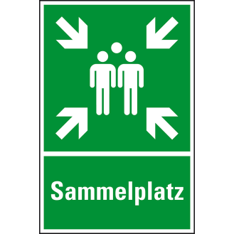 Rettungs-Kombischild Sammelstelle, Sammelplatz, Kunststoff, 400x600mm, ASR A1.3, DIN EN ISO 7010 E003 und E007-Beschreibung lesen