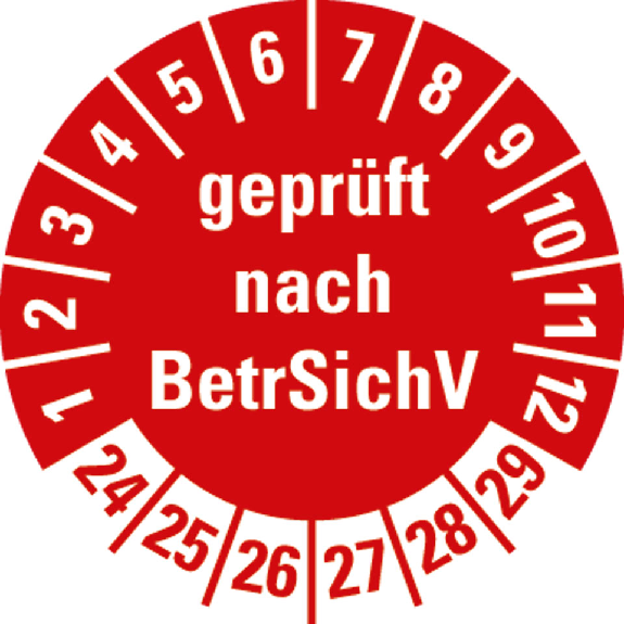 Prüfplakette geprüft nach BetrSichV 24-29,rot,Folie,selbstkl.,Ø 30mm,10/Bogen Prüfplakette geprüft nach BetrSichV 24-29,rot,Folie,selbstkl.,Ø 30mm,10/Bogen-Beschreibung lesen