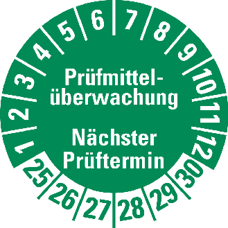 Prüfplakette Prüfmittelüberwachung NP,25-30,grün,Folie,selbstkl.,Ø 30mm,10/Bogen-Beschreibung lesen