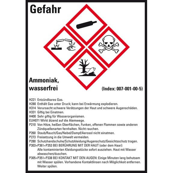 Gefahrstoffetikett Ammoniak, wasserfrei, GefStoffV/GHS/CLP, Folie, 74x52mm, 10/Bogen-Beschreibung lesen