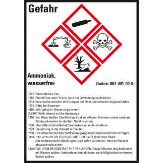 Gefahrstoffetikett Ammoniak, wasserfrei, GefStoffV/GHS/CLP, Folie, 74x52mm, 10/Bogen-Beschreibung lesen
