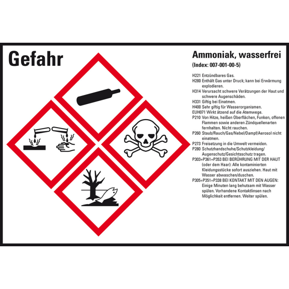 Gefahrstoffetikett Ammoniak, wasserfrei, GefStoffV/GHS/CLP, Folie, 148x105mm, 4/Bogen Gefahrstoffetikett Ammoniak, wasserfrei, GefStoffV/GHS/CLP, Folie, 148x105mm, 4/Bogen-Beschreibung lesen