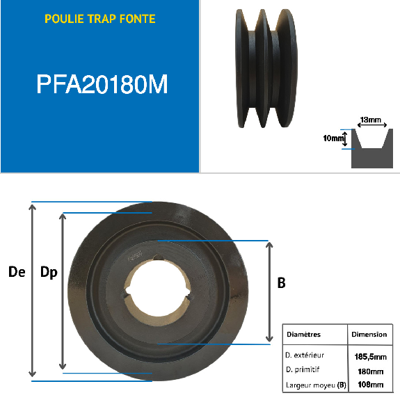 Poleas Poleas trapezoidales con cubo desmontable PFA20180M Polea trapezoidal de hierro fundido tipo SPA / A con cubo desmontable serie 2012 con 2 ranuras, diámetro de paso 180 mm-Leer más