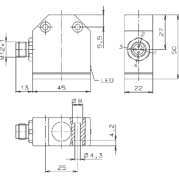 Boîtier monopiste inductif PNP NO+NF P5mm 10-55Vdc, M12 4P - ESN10B050UP048LKS01-M-Lire la description
