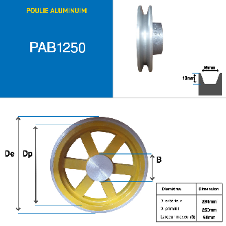 Poleas Poleas trapezoidales macizas PAB1250 Polea trapezoidal de aluminio 1 ranura tipo B diámetro 250 mm-Leer más