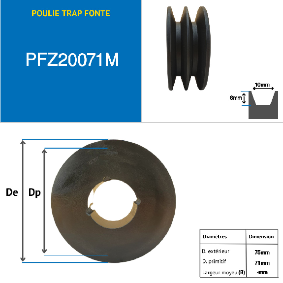 Poleas Poleas trapezoidales con cubo desmontable PFZ20071M Polea trapezoidal de hierro fundido tipo SPZ / Z con cubo desmontable serie 1108 con 2 ranuras, diámetro de paso 71 mm-Leer más