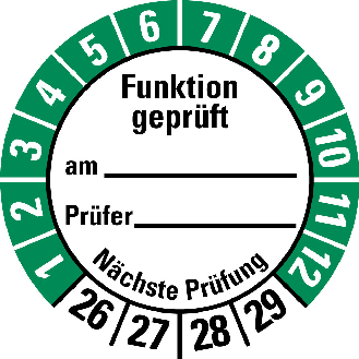Prüfplakette Funktion geprüft am,26-29,weiß/grün,Folie,selbstkl.,Ø 30mm,10/Bogen-Beschreibung lesen