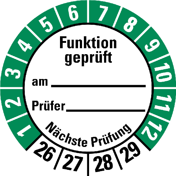 Prüfplakette Funktion geprüft am,26-29,weiß/grün,Folie,selbstkl.,Ø 30mm,10/Bogen Prüfplakette Funktion geprüft am,26-29,weiß/grün,Folie,selbstkl.,Ø 30mm,10/Bogen-Beschreibung lesen
