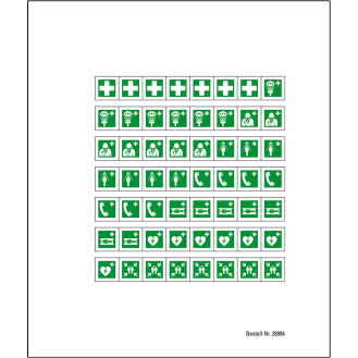 Minisymbol-Sammelbogen Erste Hilfe Einrichtungen, Folie, 8mm, 56/Bogen, ASR A1.3, DIN EN ISO 7010-Beschreibung lesen