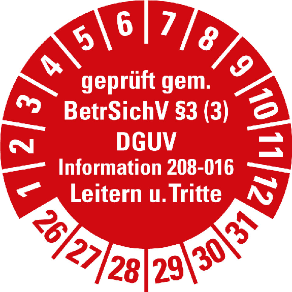 Prüfpl.gepr.gem.BetrSichV §3 (3) Leitern/Tritte,26-31,rot,Folie,Ø 30mm,10/Bogen Prüfpl.gepr.gem.BetrSichV §3 (3) Leitern/Tritte,26-31,rot,Folie,Ø 30mm,10/Bogen-Beschreibung lesen