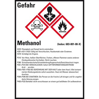 Gefahrstoffetikett Methanol, GefStoffV/GHS/CLP, Folie, 52x74mm, 10/Bogen-Beschreibung lesen