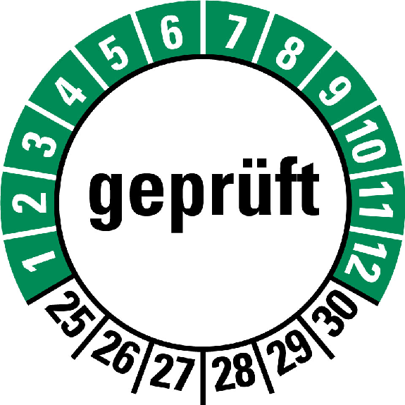 Prüfplakette geprüft, 25-30, weiß/grün, Folie, selbstklebend, Ø 30mm, 10/Bogen Prüfplakette geprüft, 25-30, weiß/grün, Folie, selbstklebend, Ø 30mm, 10/Bogen-Beschreibung lesen