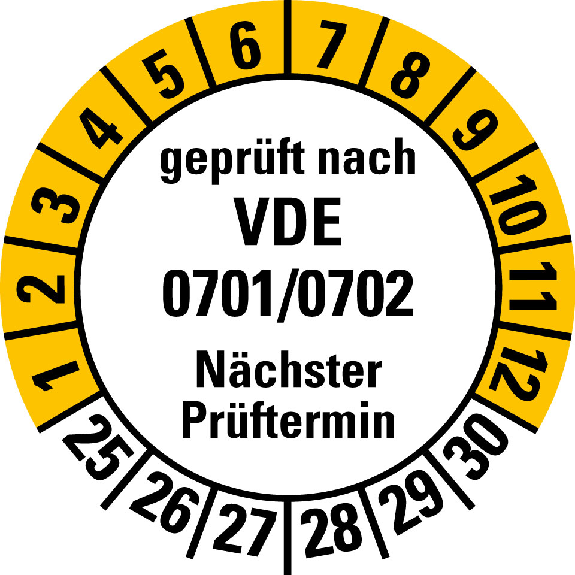 Prüfpl.gepr.n.VDE 0701/0702,NP,25-30,weiß/gelb,Folie,selbstkl.,Ø 30mm,10/Bogen Prüfpl.gepr.n.VDE 0701/0702,NP,25-30,weiß/gelb,Folie,selbstkl.,Ø 30mm,10/Bogen-Beschreibung lesen