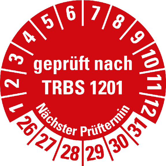 Prüfplakette geprüft nach TRBS 1201,NP 26-31,rot,Folie,selbst.,Ø 20mm,10/Bogen-Leggi tutto