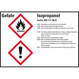 Gefahrstoffetikett Isopropanol, GefStoffV/GHS/CLP, Folie, 148x105mm, 4/Bogen-Beschreibung lesen